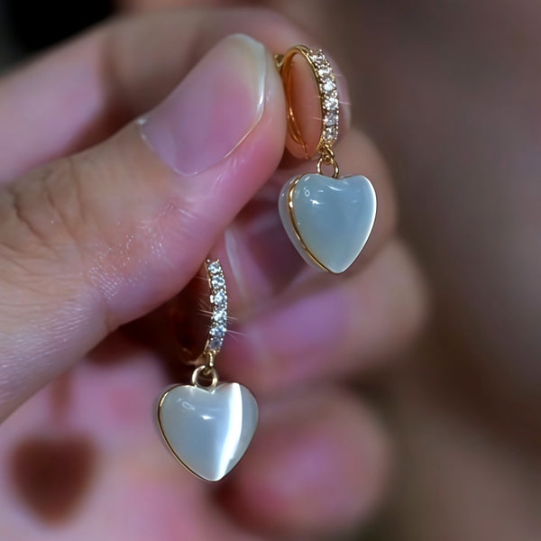 14K Gold-Plated Luxury Zircon Diamond Cat's Eye Stone Heart Earrings