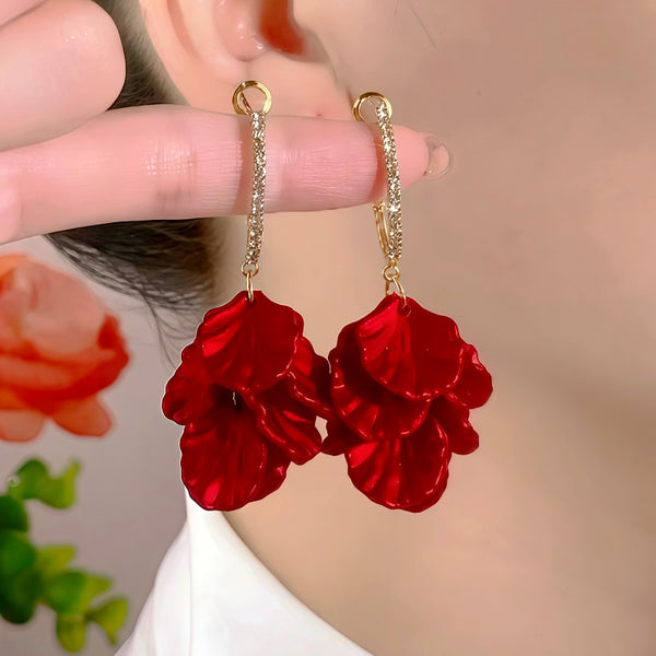 14K Gold-Plated Luxury Zircon Diamond Christmas Red Petal Flower Earrrings