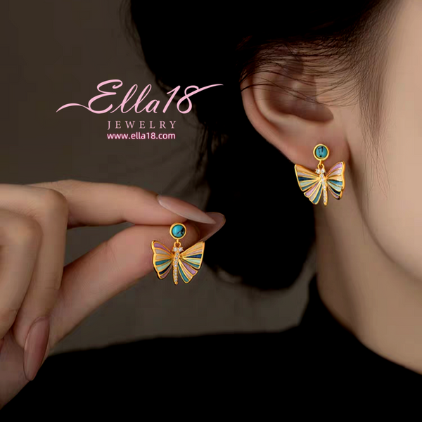 14K Gold-Plated Luxury Zircon Diamond Colorful Butterfly Earrings