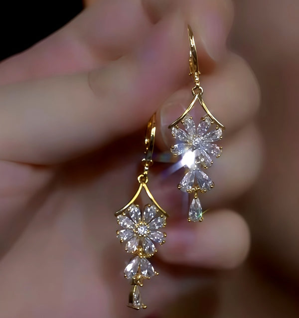 14K Gold-Plated Luxury Zircon Diamond Flower Earrings