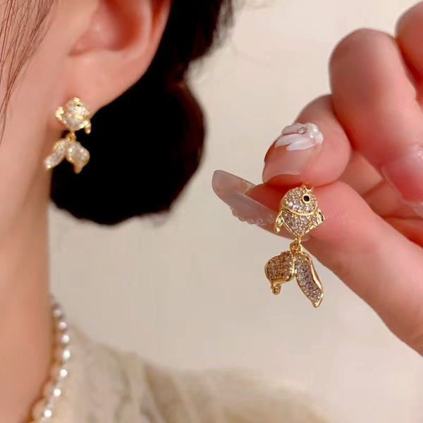 14K Gold-Plated Luxury Zircon Diamond Gold fish Earrings