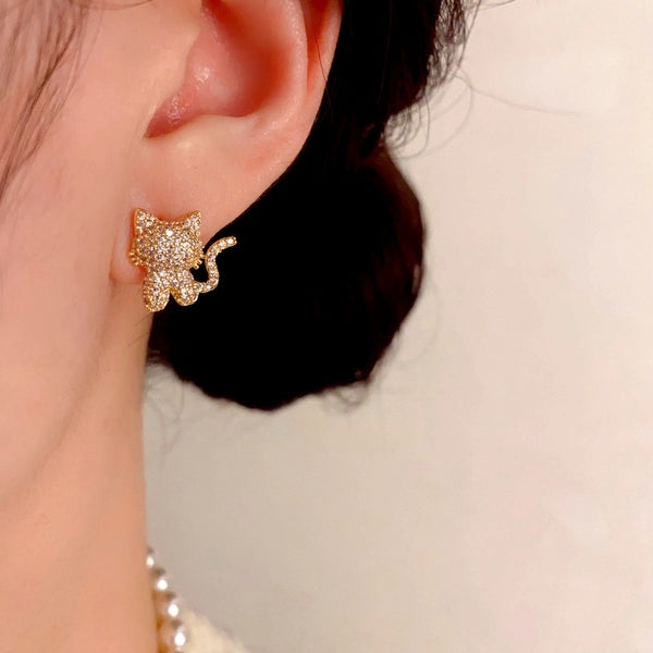 14K Gold-Plated Luxury Zircon Diamond Kitty Earrings