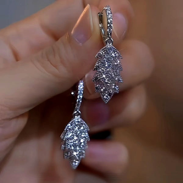 14K Gold-Plated Luxury Zircon Diamond Leaf Earrings