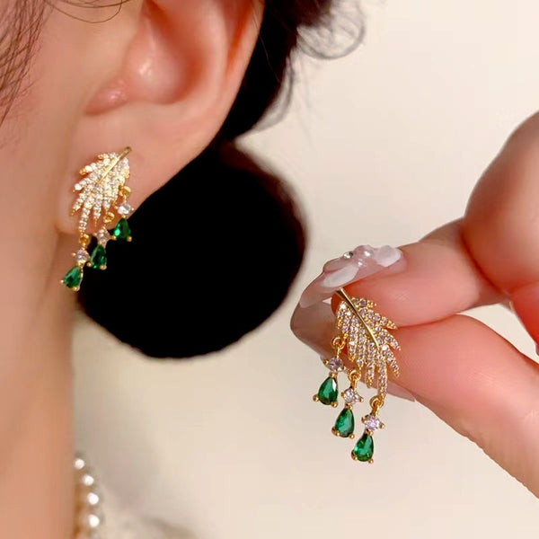 14K Gold-Plated Luxury Zircon Diamond Leaf Green Water Drop Earrings