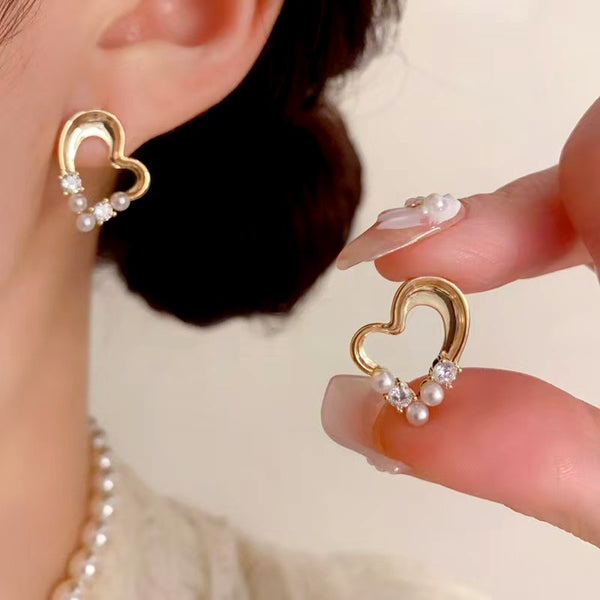 14K Gold-Plated Luxury Zircon Diamond Pearl Heart Earrings