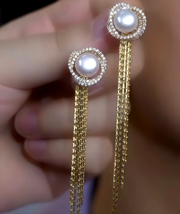 14K Gold-Plated Luxury Zircon Diamond Pearl Tassel Earrings