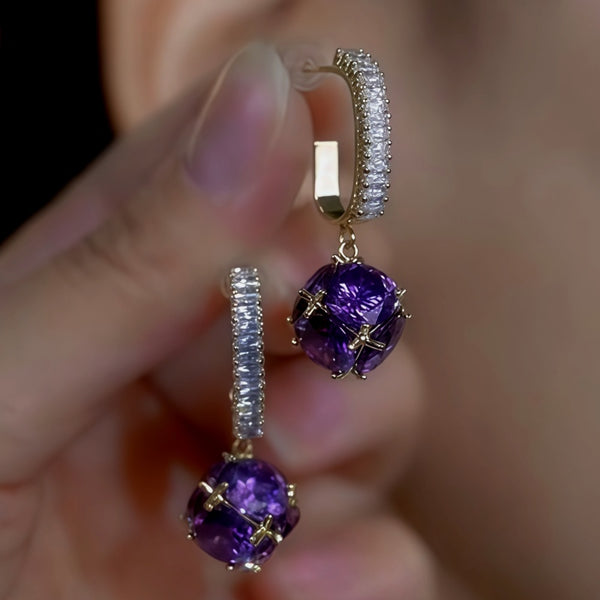 14K Gold-Plated Luxury Zircon Diamond Purple Ball Earrings