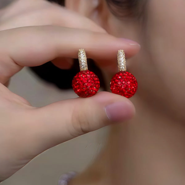 14K Gold-Plated Luxury Zircon Diamond Red Ball Earrings