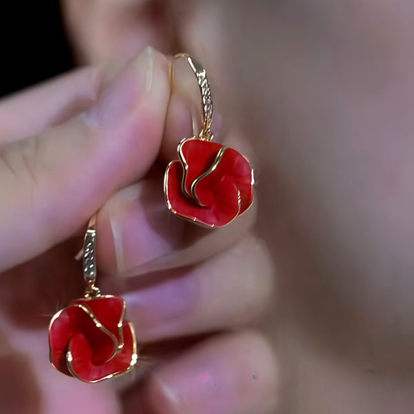 14K Gold-Plated Luxury Zircon Diamond Red Camellia Ear Hook Earrings