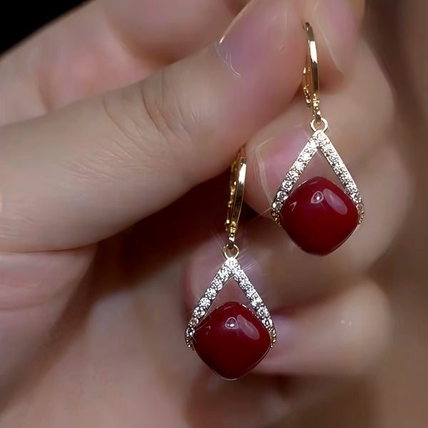 14K Gold-Plated Luxury Zircon Diamond Red Oil Drop Earrings
