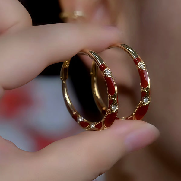14K Gold-Plated Luxury Zircon Diamond Red Oil Drop Hoop Earrings