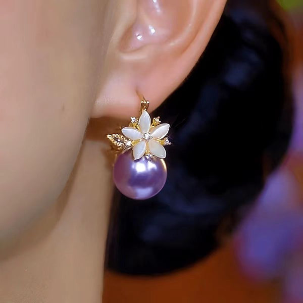 14K Gold-Plated Luxury Zircon Double-Sided Flower Purple Pearl Earrings