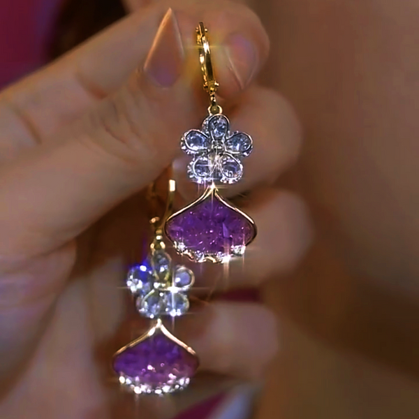 14K Gold-Plated Luxury Zircon Flower Purple Crystal Leaf Earrings