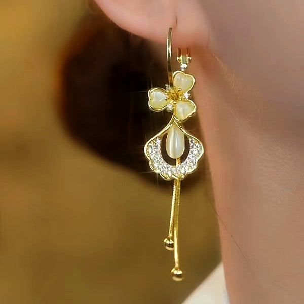 14K Gold-Plated Luxury Zircon Flower Tassel Earrings