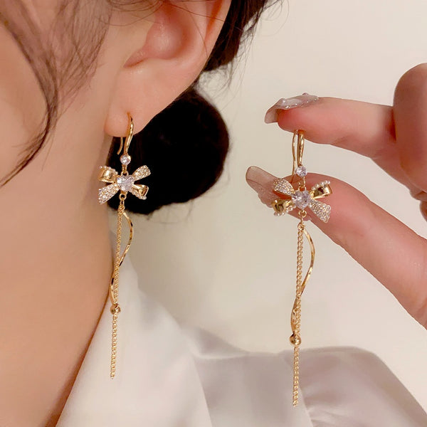 14K Gold-Plated Luxury Zircon Heart Bow Tassel Ear Hook Earrings