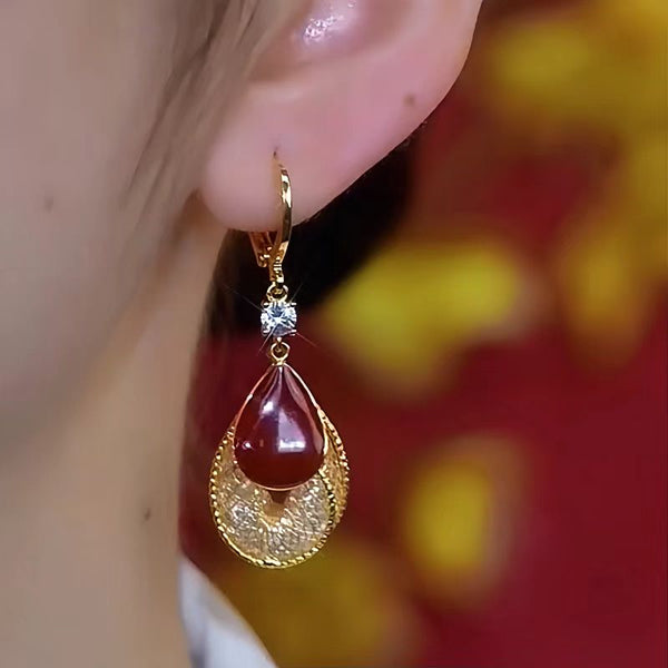 14K Gold-Plated Luxury Zircon Mesh And Red Oil Drop Earrings