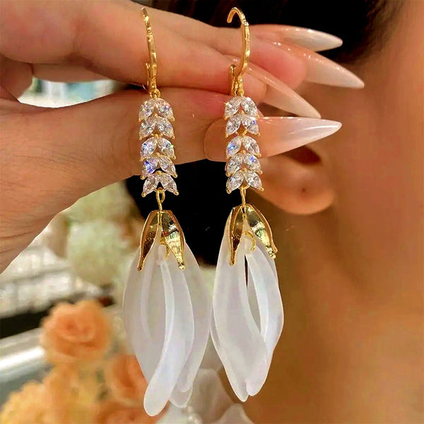 14K Gold-Plated Luxury Zircon Petal Tassel Earrings