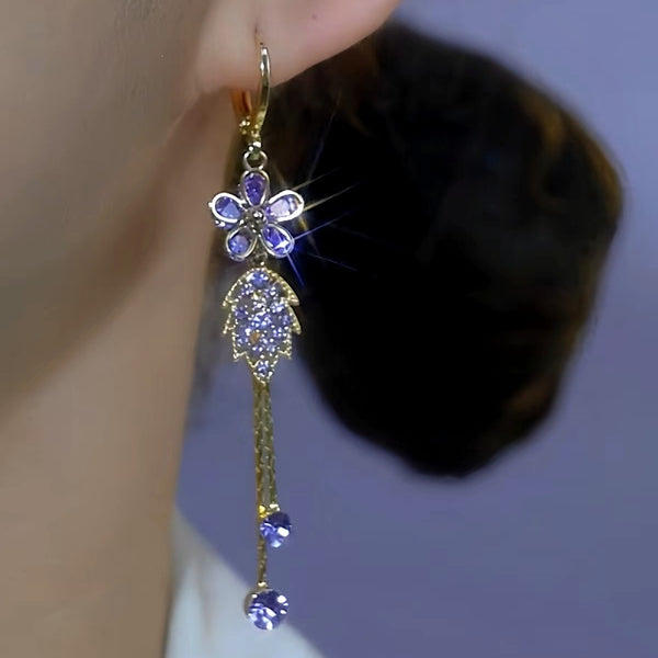 14K Gold-Plated Luxury Zircon Purple Flower Leaf Tassel Earrings