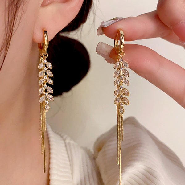 14K Gold-Plated Luxury Zircon Wheat Ear Buckle Earrings