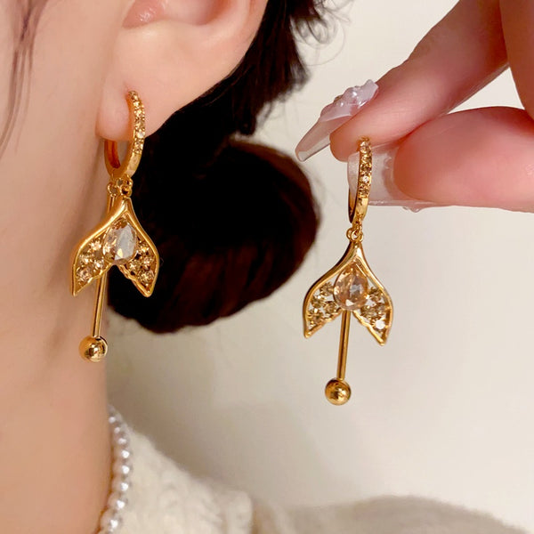 14K Gold-Plated Maillard Coffee Color Diamond Fishtail Tassel Earrings