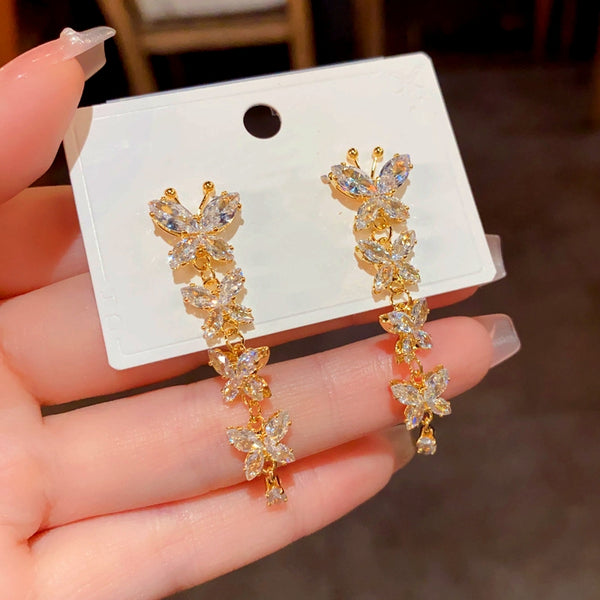 14K Gold-Plated Micro-Diamond Butterfly Tassel Earrings