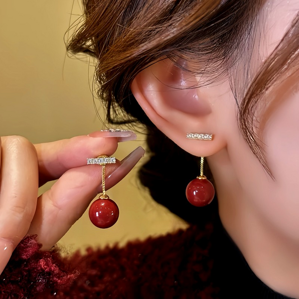 14K Gold-Plated Micro-Diamond Red Bead Earrings