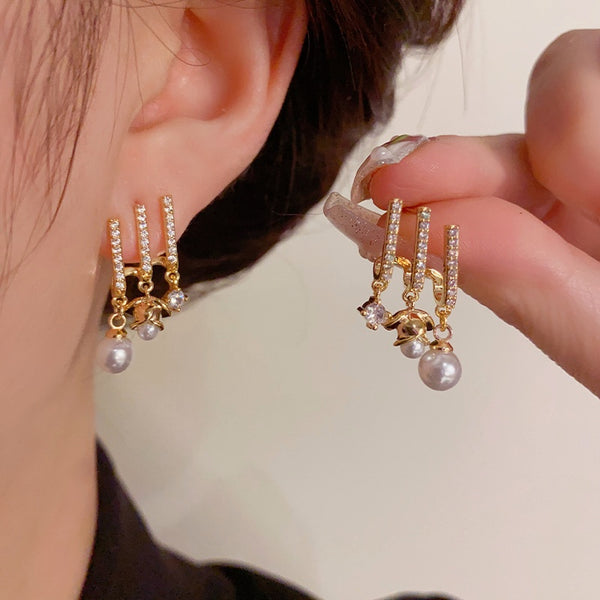 14K Gold-Plated Micropaved Zircon Pearl Earrings