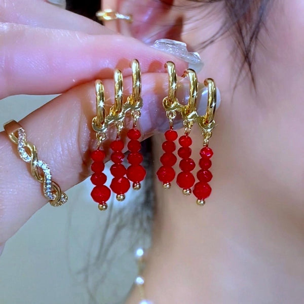 14K Gold-Plated Multi-Layer Red Zircon Diamond Tassel Earrings
