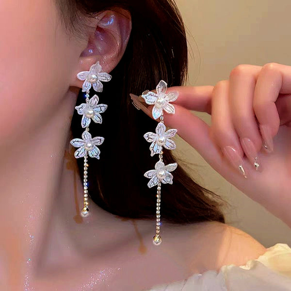 14K Gold-Plated Pearl Flower Tassel Earrings