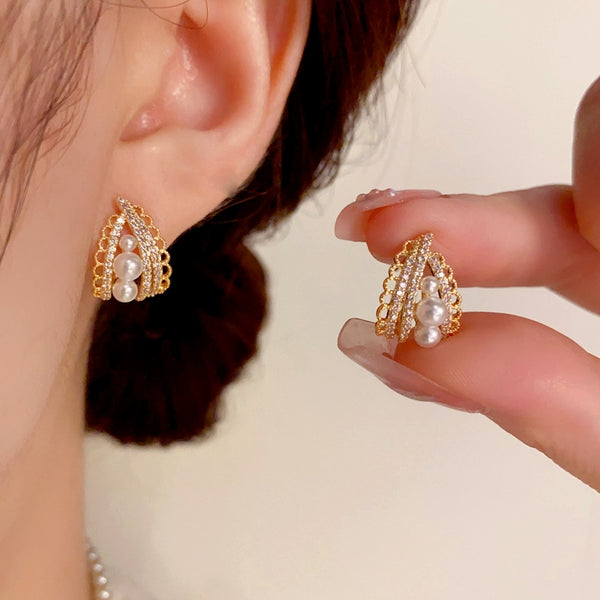 14K Gold-Plated Pearl Zircon Lace Drop Earrings