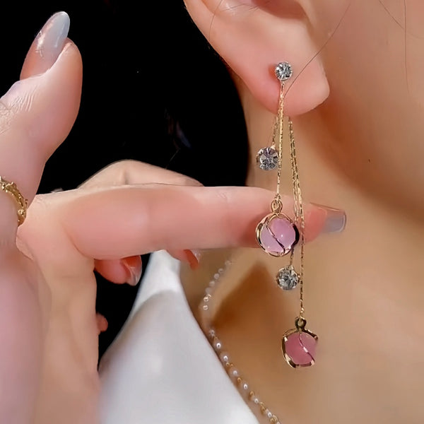 14K Gold-Plated Pink Cat's Eye Ball Tassel Earrings