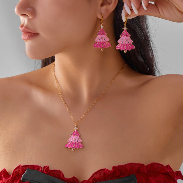 14K Gold-Plated Pink Christmas Tree Earrings And Necklace Set