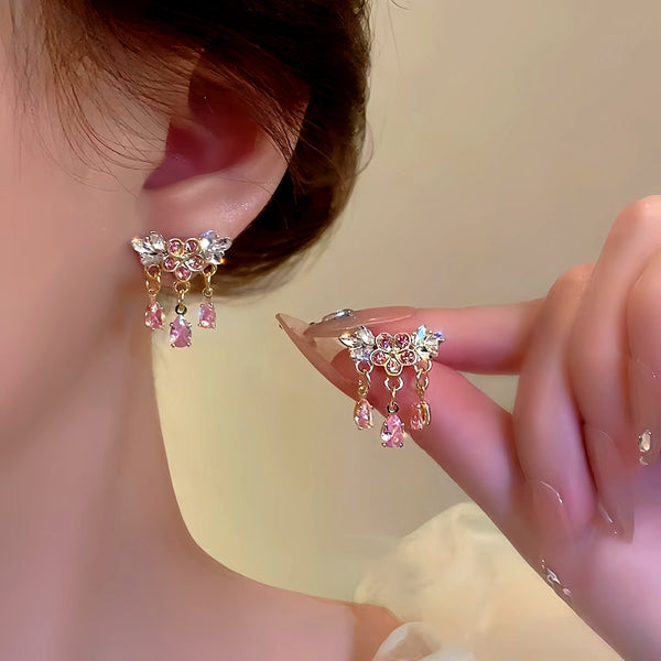 14K Gold-Plated Pink Diamond Flower Earrings