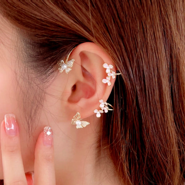 14K Gold-Plated Pink Flower And Butterflyl Ear Cuffs ( 1 Pair )