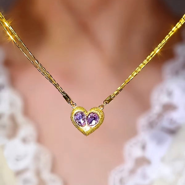 14K Gold-Plated Purple Crystal Heart Pendant Clavicle Chain Necklaces