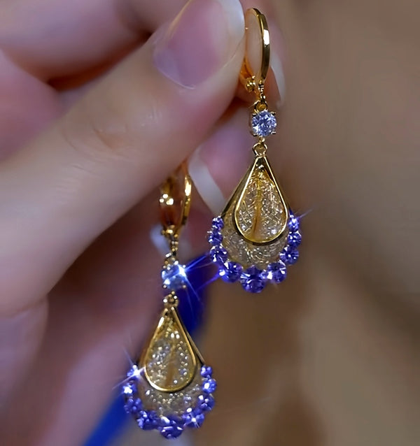 14K Gold-Plated Purple Diamond Mesh Water Drop Earrings