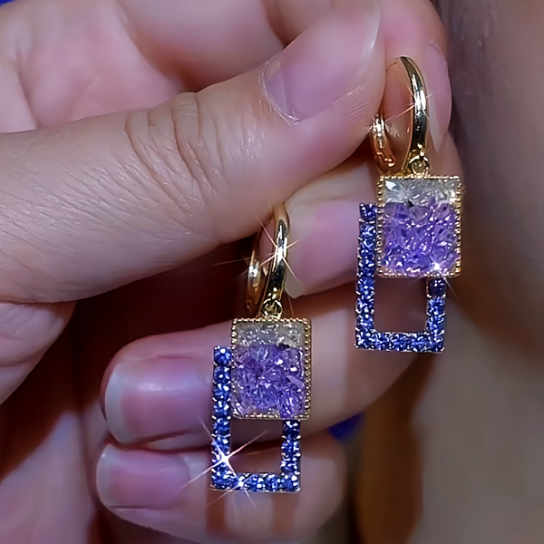 14K Gold-Plated Purple Stone Geometric Square Earrings