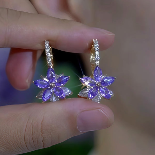 14K Gold-Plated Purple Zircon Diamond Flower Earrings