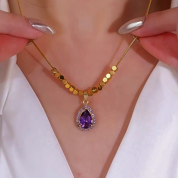 14K Gold-Plated Purple Zircon Diamond Water Drop Necklace