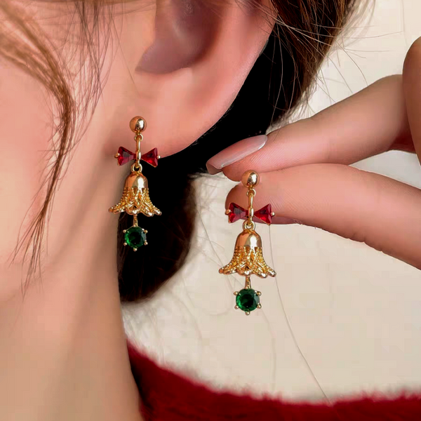 14K Gold-Plated Red Christmas Bow Bell Earrings