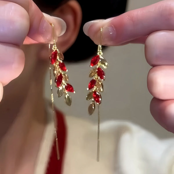 14K Gold-Plated Red Crystal Leaf Threader Earrings