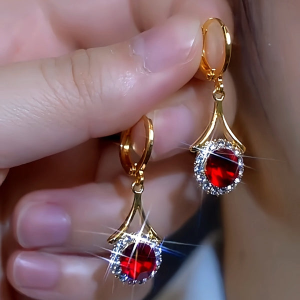 14K Gold-Plated Red Crystal Water Drop Earrings