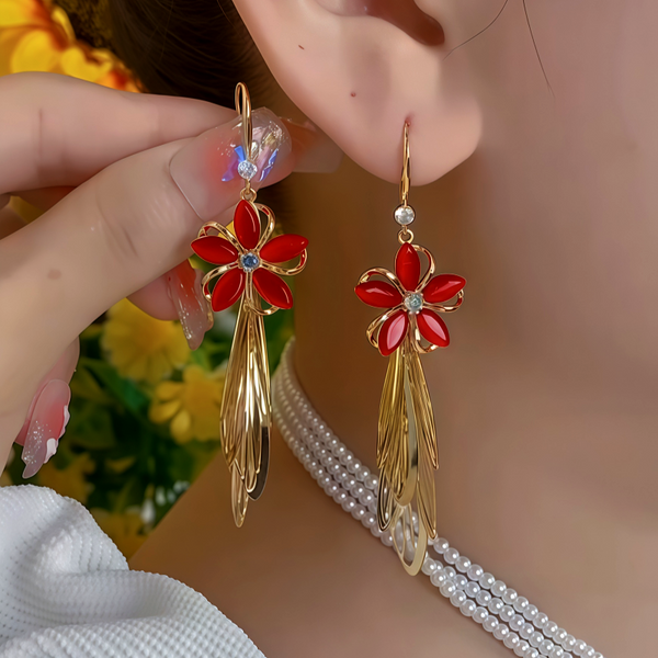 14K Gold-Plated Red Flower Tassel Earrings