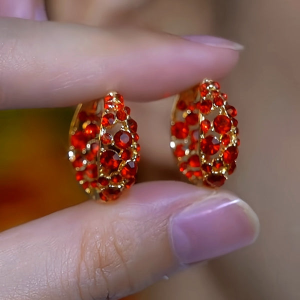 14K Gold-Plated Red Full Diamond Zircon Hoop Earrings