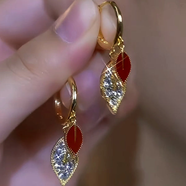 14K Gold-Plated Red Oil Drop Diamond Double-Leaf Earrings