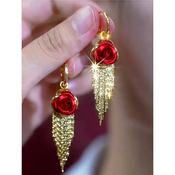 14K Gold-Plated Red Rose Tassel Earrings