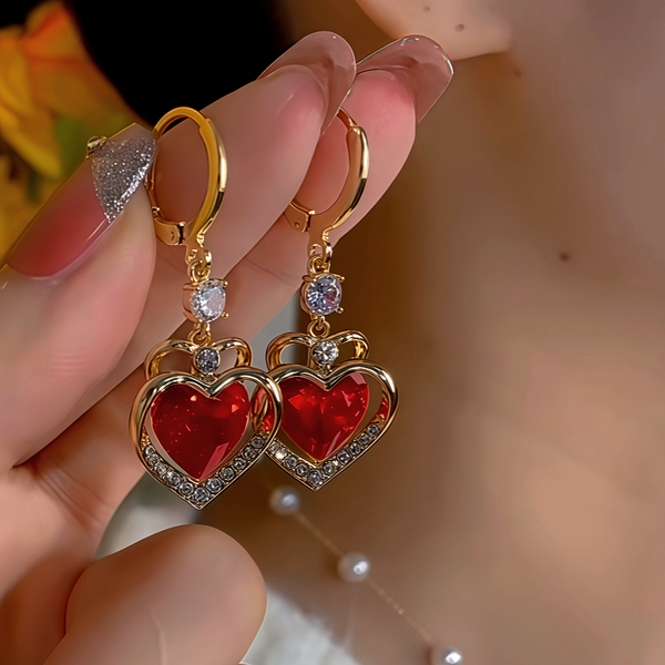 14K Gold-Plated Red Stone Heart Earrings