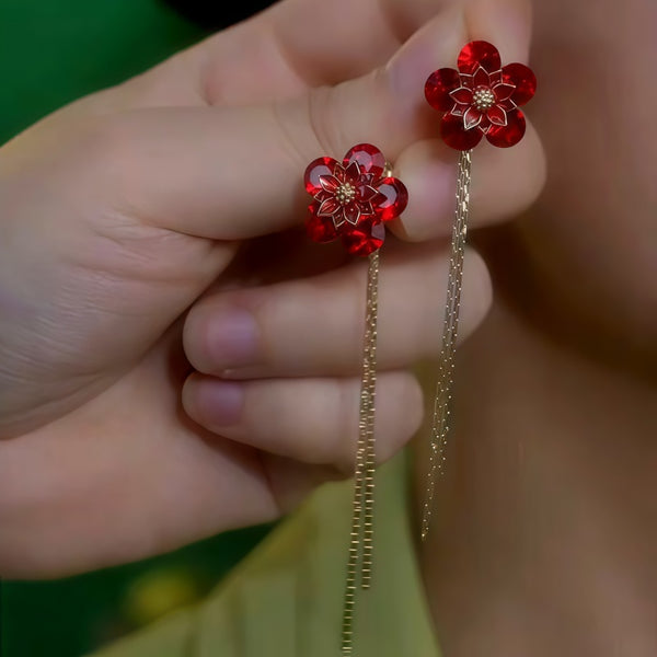 14K Gold-Plated Red Zircon Diamond Flower Tassel Earrings
