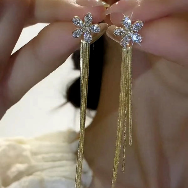 14K Gold-Plated Rhinestone Flower Tassel Earrings