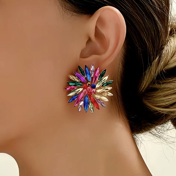 14K Gold-Plated Rhinestonen Flower Stud Earrings